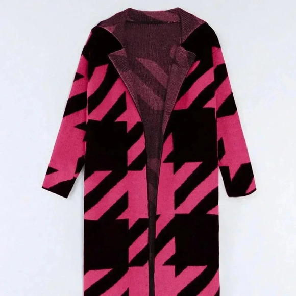 Hot Pink Casual Women's Colorblock Long Sleeve Knitted Cardigan - Picture 3 of 5